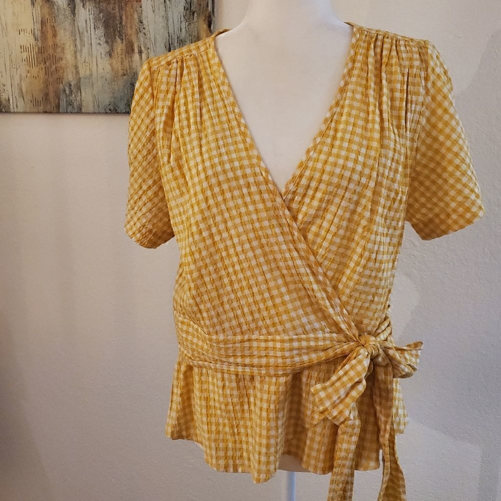 Max Studio Yellow Checker wrap blouse L - Picture 8 of 14